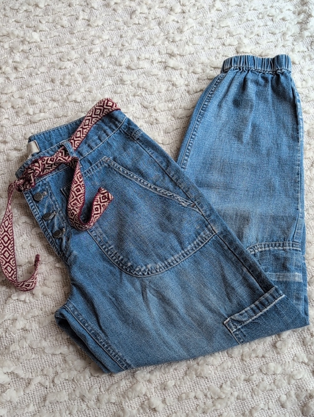 Sundance Light Blue Boyfriend Jeans with Patterned Tie Belt